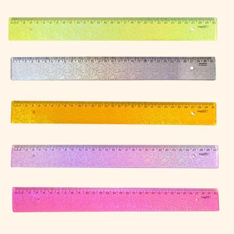 R&eacute;gua Acr&iacute;lica 30cm Glitter Amarelo Maxcril