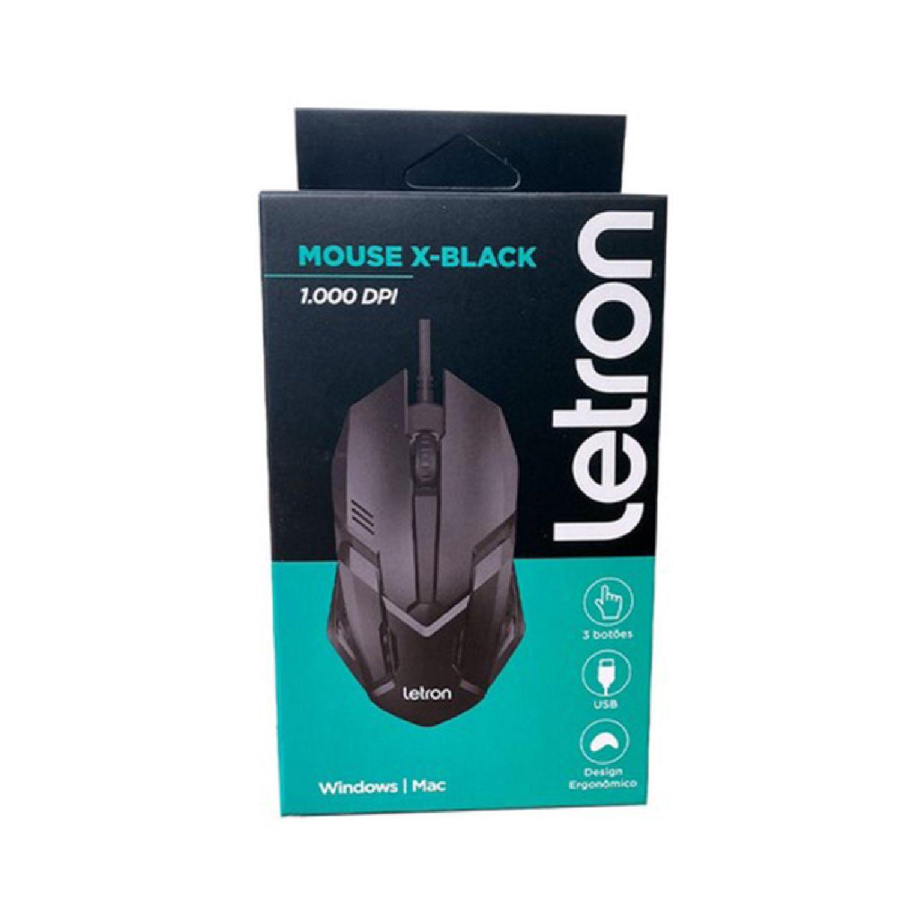 Mouse USB 1000 dpi Letron X-Black Preto Unit&aacute;rio