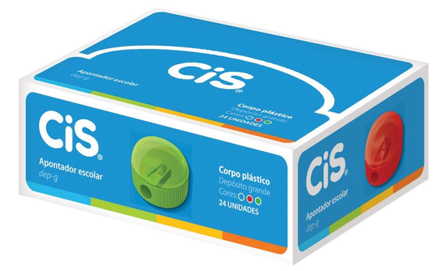 Apontador com Dep&oacute;sito 1 Furo CIS Pl&aacute;stico Cores Sortidas Caixa com 24 Unidades