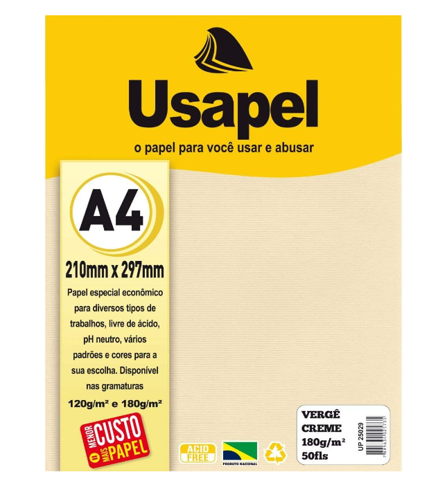 Papel Verg&ecirc; A4 Usapel 180g Creme com 50 Folhas