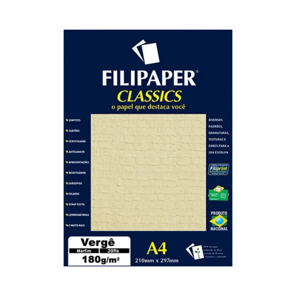 Papel Verg&ecirc; Marfim 20 folhas 180g/m&sup2;
