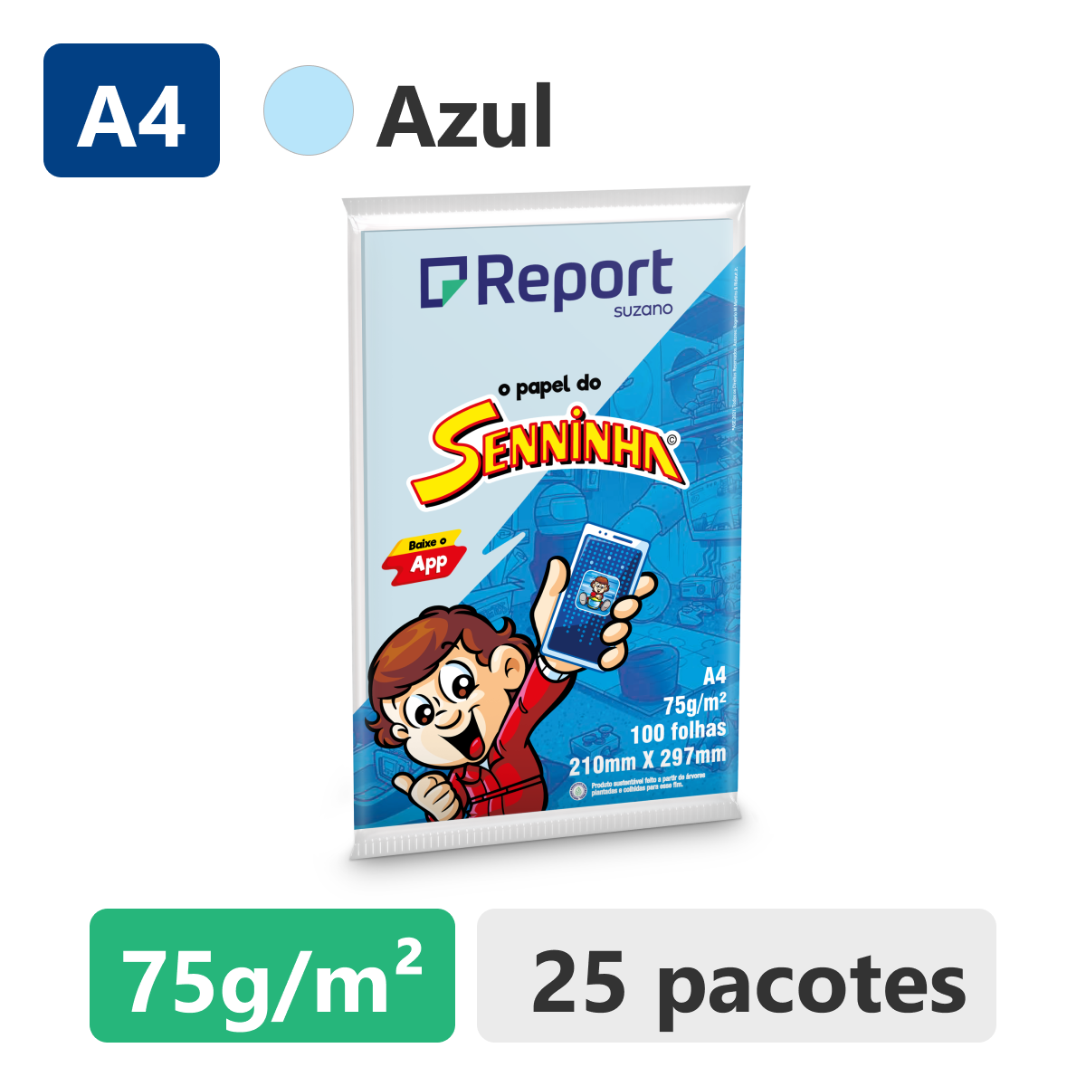 Papel Sulfite Colorido A4 Report Senninha Azul 100 folhas - Caixa 25 unidades