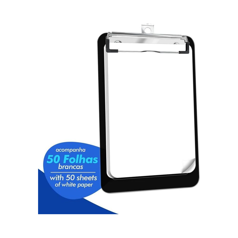 Prancheta Pl&aacute;stica A6 Acrimet Preta com Prendedor Met&aacute;lico e 50 Folhas