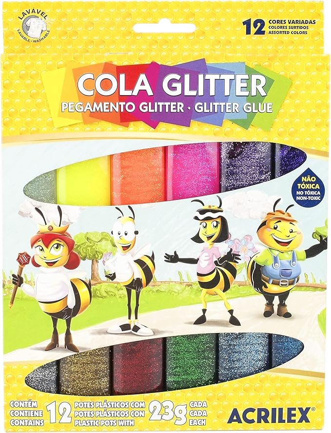 Cola com Glitter Acrilex Estojo com 12 Cores 23g Sortido