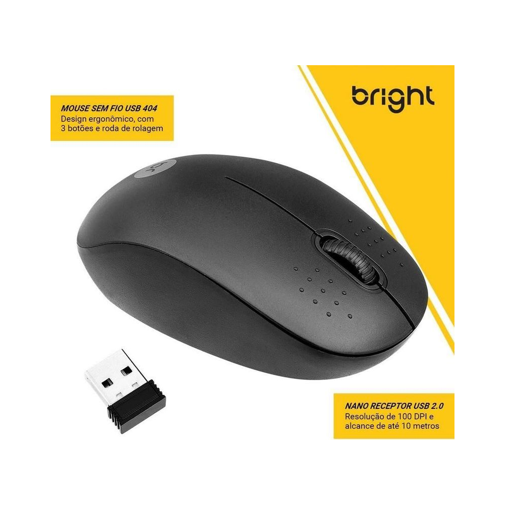 Mouse &Oacute;ptico sem Fio Mal&aacute;sia Preto 800 dpi 3 bot&otilde;es - Bright
