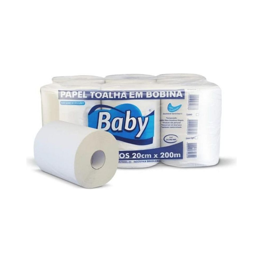 Toalha de Papel Bobina 20cm x 200m BabyBaus 100% Celulose Branco 6 unidades