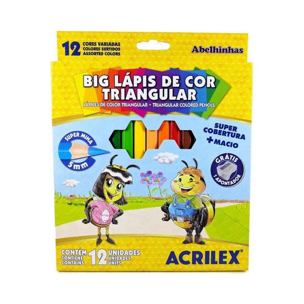 L&aacute;pis de Cor Triangular BIG 4mm Acrilex 12 Cores Multicolorido