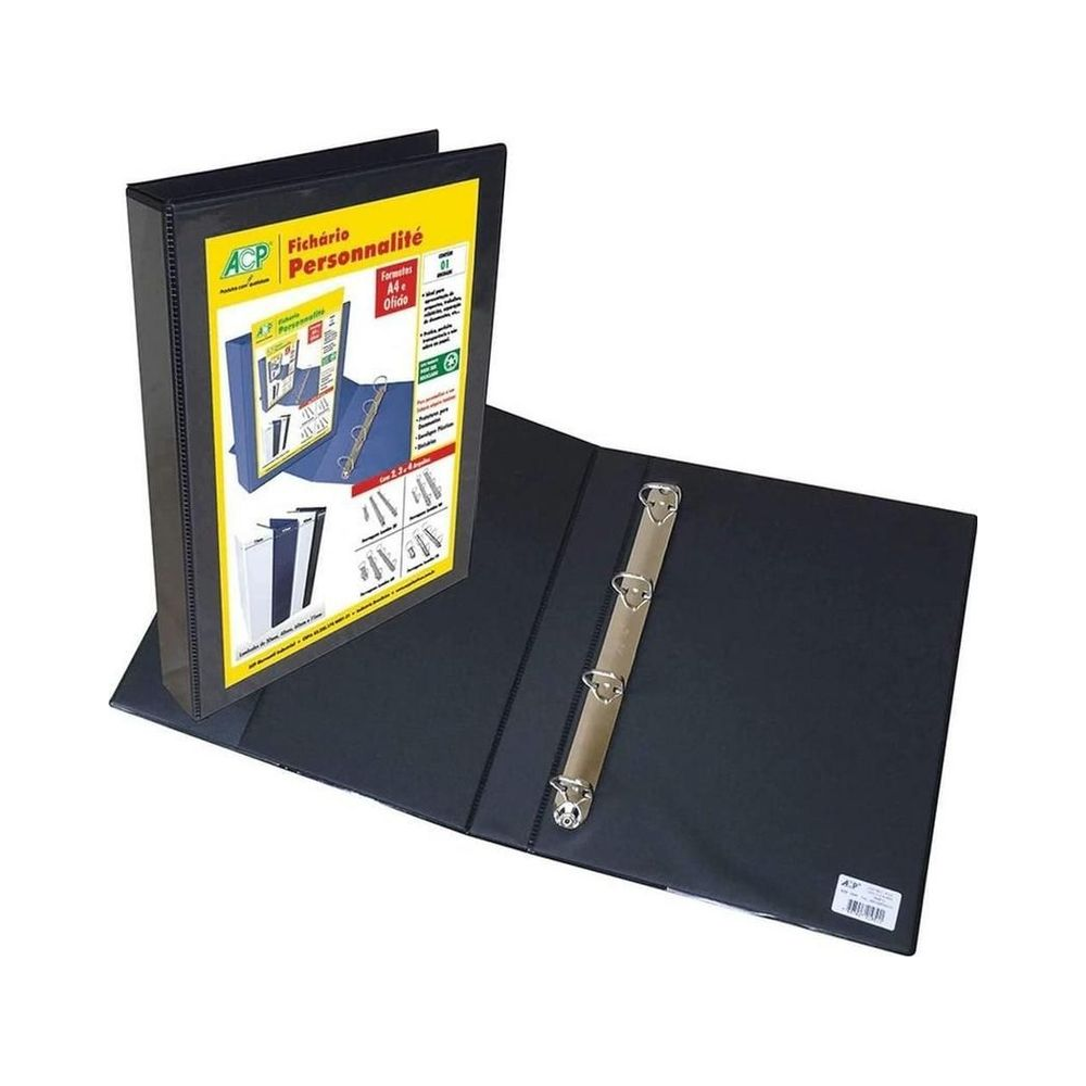 Fich&aacute;rio Pl&aacute;stico A4 4 Argolas ACP Preto