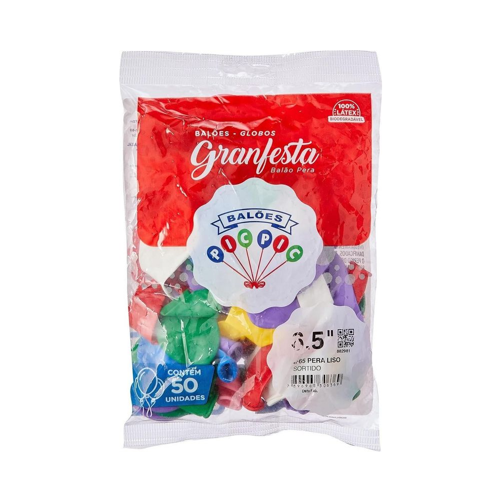 Bal&atilde;o Liso 6,5" Sortido Gran Festa Riberball com 50 Unidades