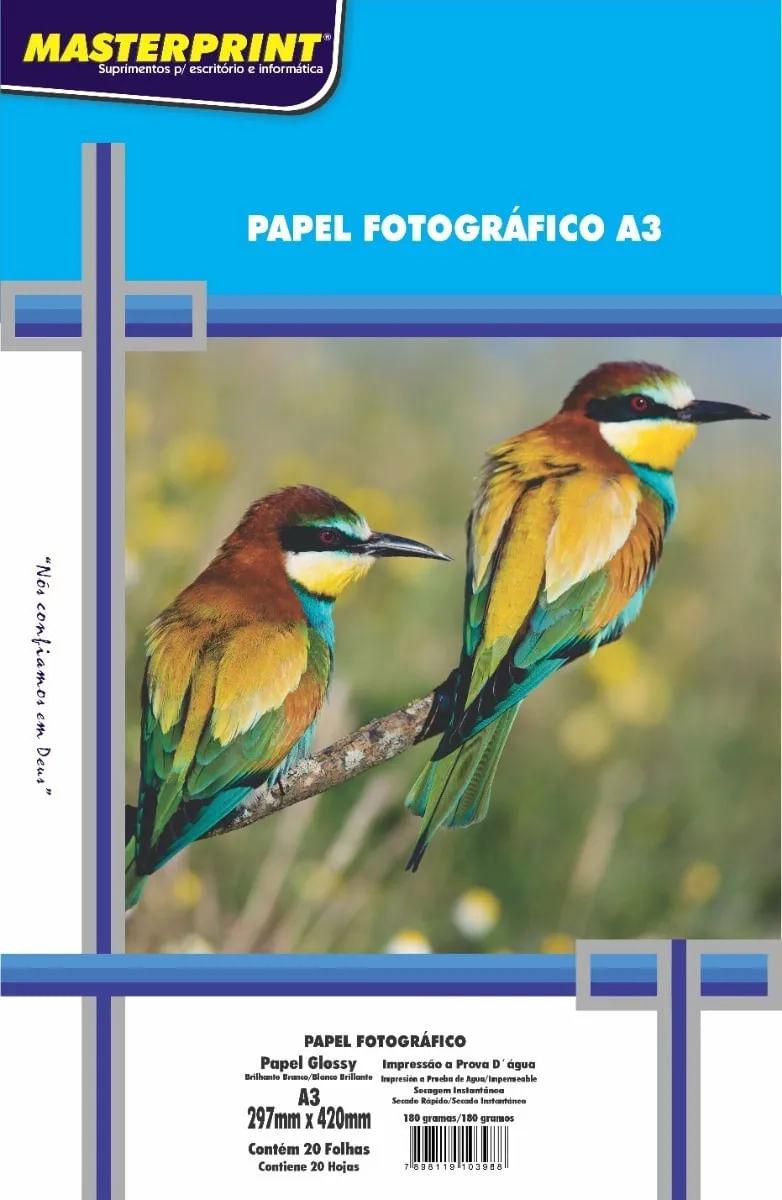 Papel Fotogr&aacute;fico A3 Glossy Masterprint 20 folhas 297mm x 420mm 180g/m&sup2;