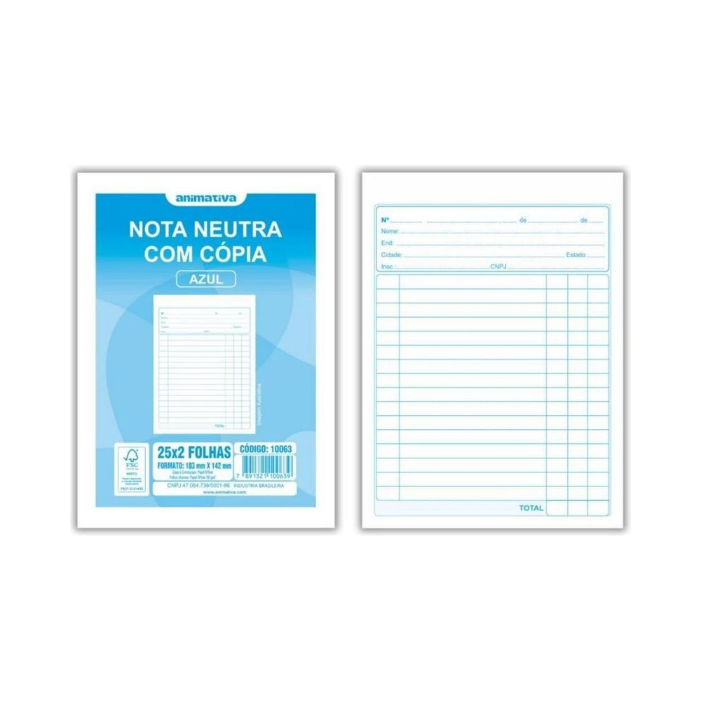 Tal&atilde;o Nota Neutra  1 Via 104x146mm Animativa Papel Branco