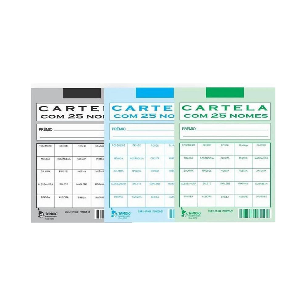 Cartela de Rifa 25 Nomes Pacote 50 Unidades Tamoio Papel Multicor