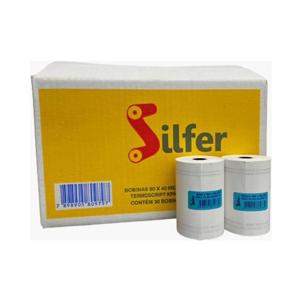 Bobina T&eacute;rmica Branca 80mm x 40m Silfer Caixa com 30 unidades