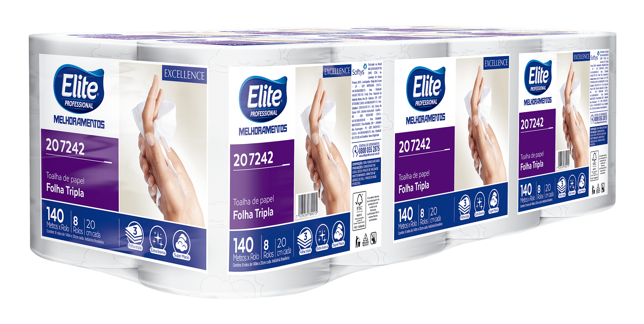 Toalha de Papel Bobina Folha Tripla 20cm x 140m Elite Branca 8 rolos