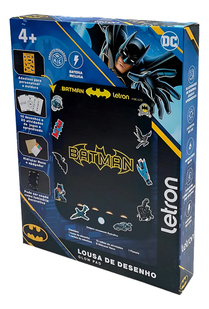 Lousa de Desenho M&aacute;gica com Lumin&aacute;ria LED Batman Letron Pl&aacute;stico Preto