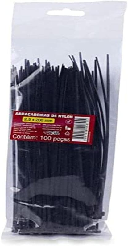Abra&ccedil;adeira Nylon 2,5x200mm Force Line Preta Pacote com 100 Pe&ccedil;as