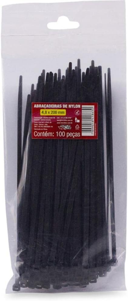 Abra&ccedil;adeira Nylon 4,8x200mm Force Line Preta Pacote com 100 Unidades
