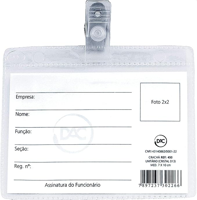 Crach&aacute; PVC Cristal 7x10cm DAC Presilha Remov&iacute;vel Transparente Pacote com 50