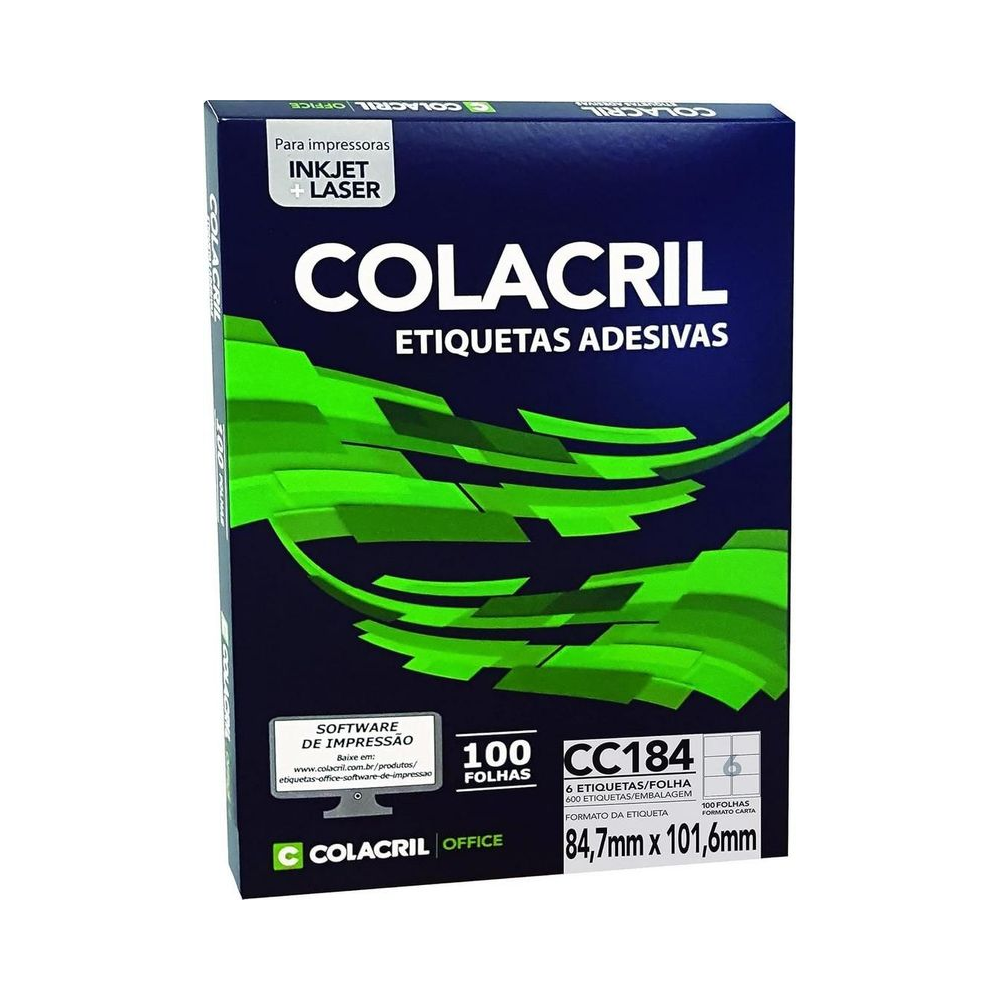 Etiqueta Inkjet Laser 84,7mm x 101,6mm Colacril Carta Branco