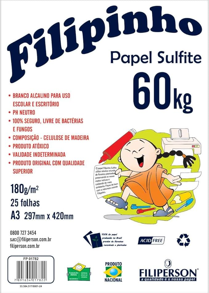 Papel Sulfite A3 180g/m&sup2; Filiperson Branco 25 Folhas