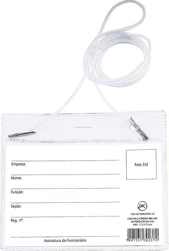 Crach&aacute; com Cord&atilde;o 11,5x7,5cm DAC PVC Cristal Transparente