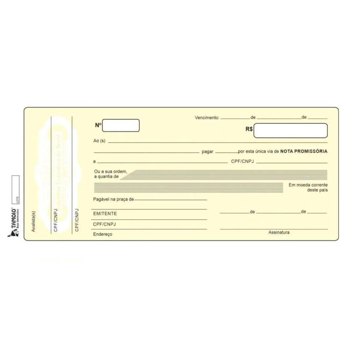 Nota Promiss&oacute;ria Amarela Tamoio 50 folhas 213mm x 93mm 56g/m&sup2;