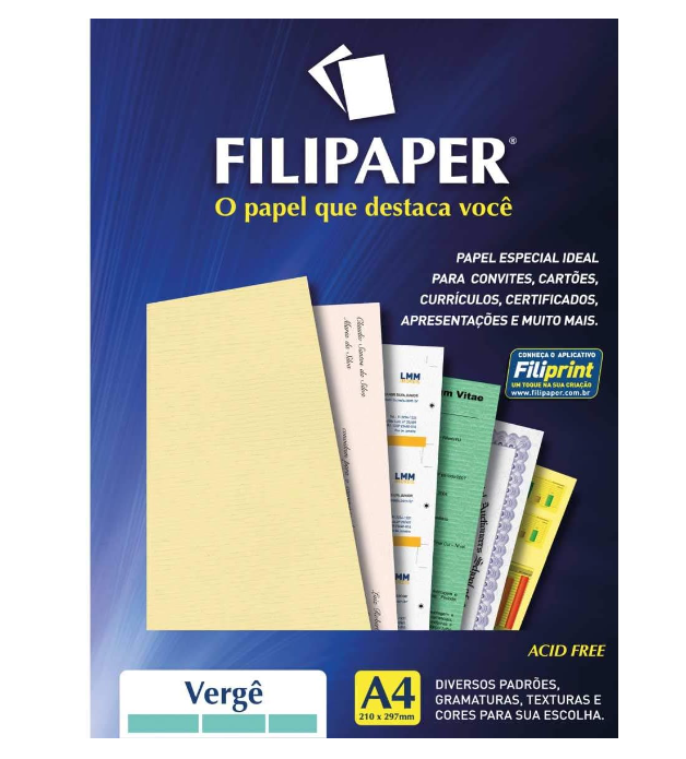 Papel Verg&ecirc; A4 Filipaper 120g Creme com 50 Folhas