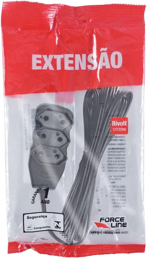 Extens&atilde;o El&eacute;trica Slim 0180200236 Force Line Bipolar 1m 3 Tomadas Preto Mont&aacute;vel