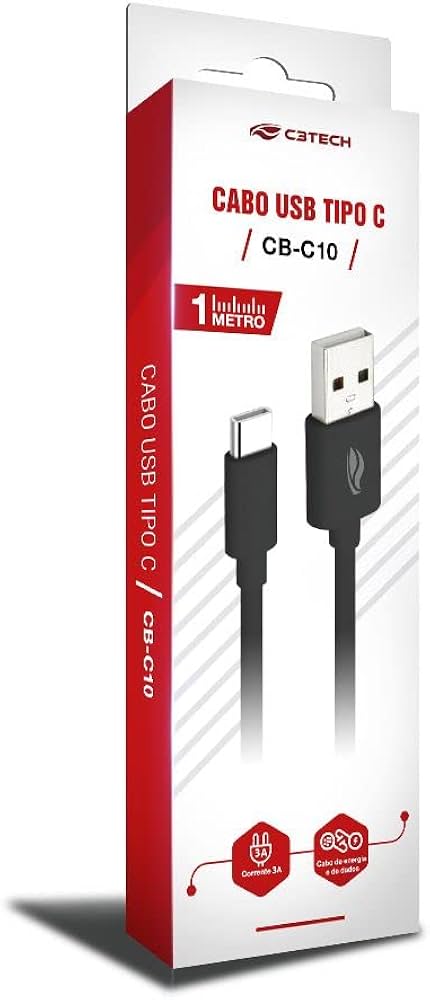 Cabo USB para USB-C 1m 3A C3Tech CB-C10BK