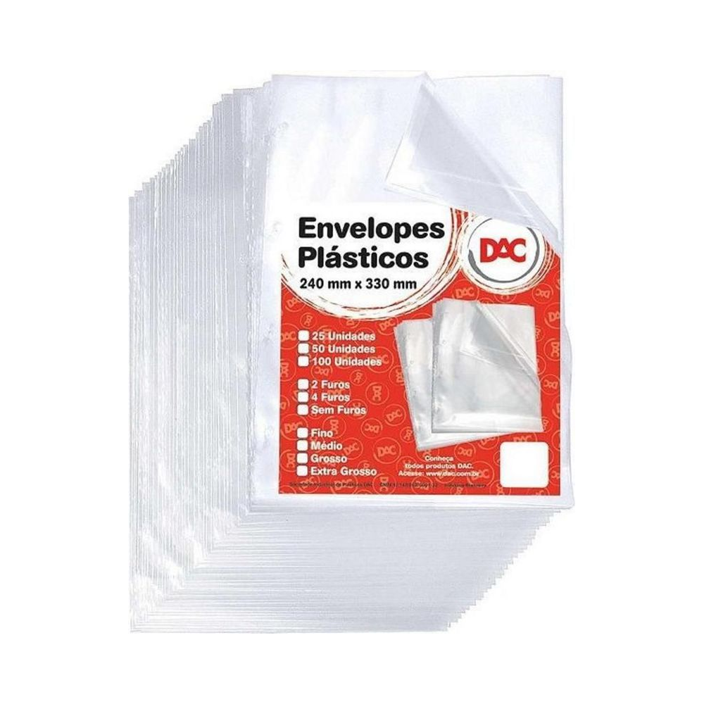 Envelope Pl&aacute;stico Of&iacute;cio 5076-100 DAC Grosso 0,15mm 4 Furos Transparente Pacote com 100