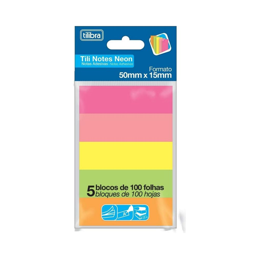 Bloco Adesivo 50mm x 15mm Tilibra Tili Notes 5 Cores Neon 500 Folhas Unit&aacute;rio