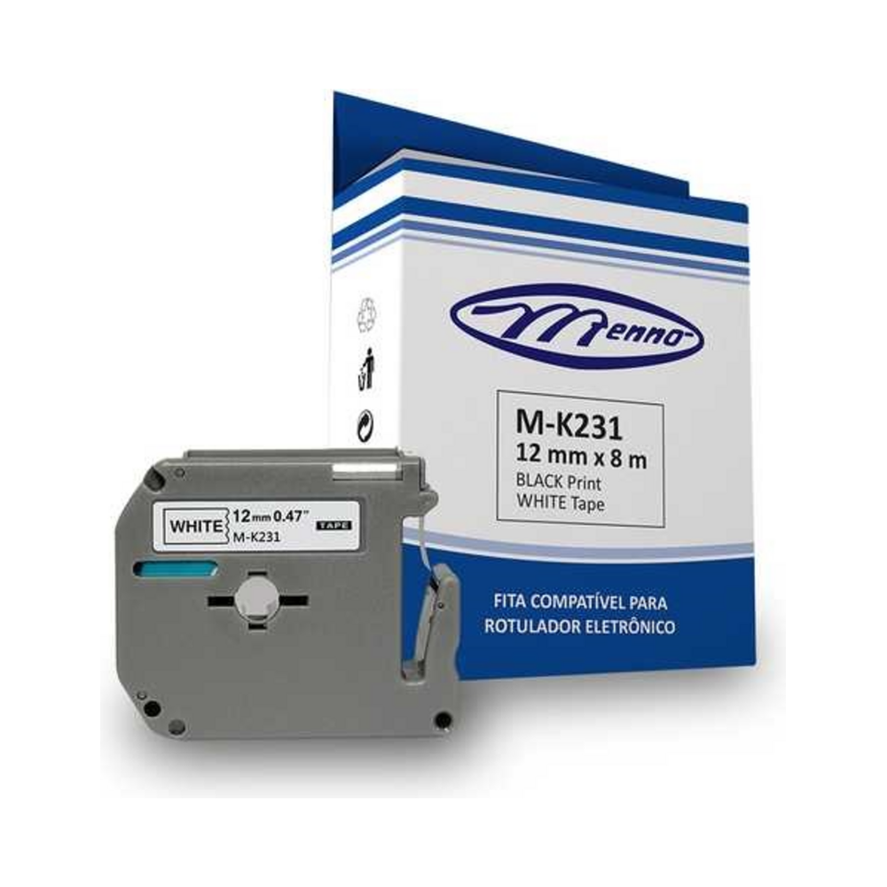 Fita Compat&iacute;vel para Rotulador Eletr&ocirc;nico 12mm x 8m M-K231 Menno Texto Preto Fita Branca Unit&aacute;rio
