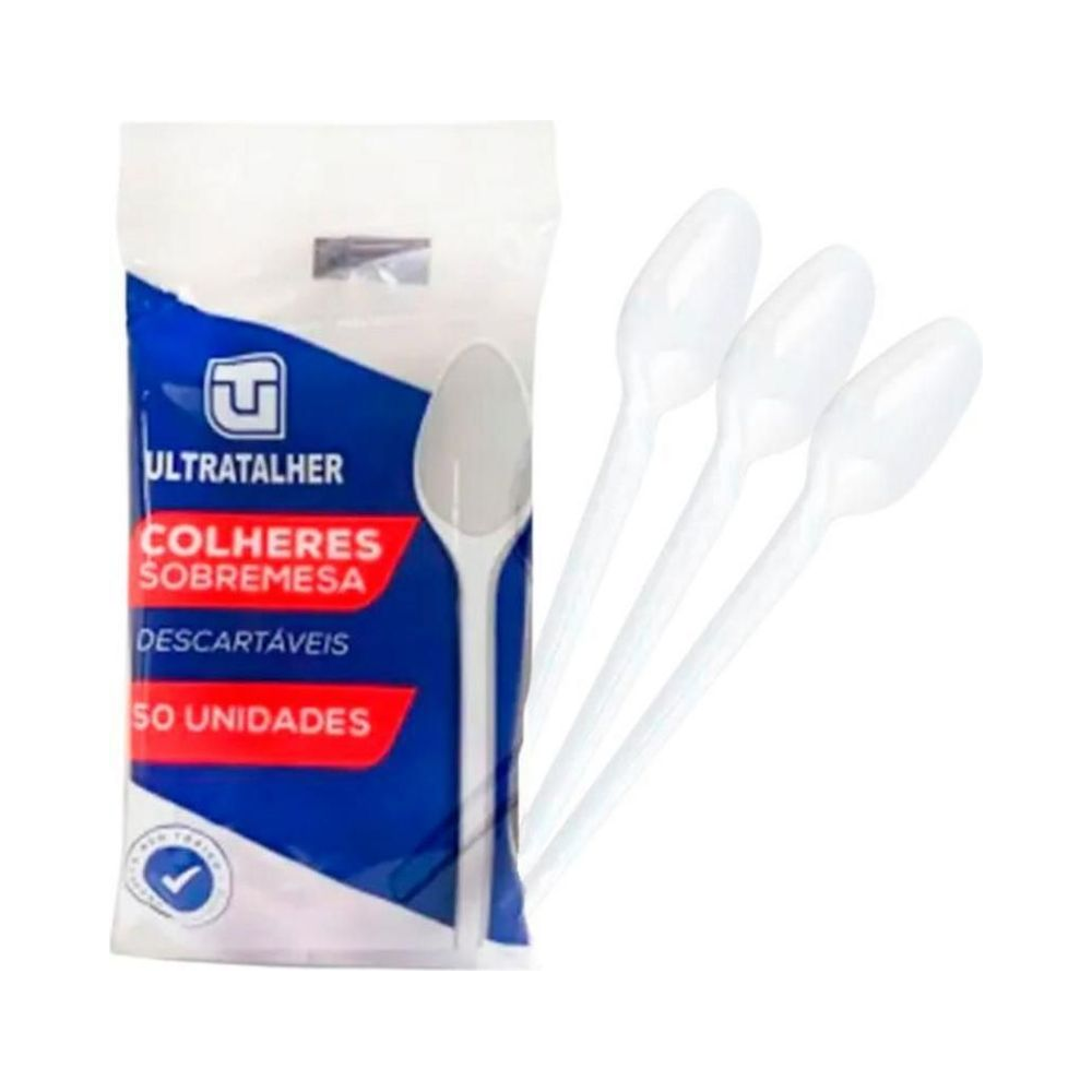 Colher de Sobremesa Descart&aacute;vel Pl&aacute;stico Branco Ultratalher 50 unidades