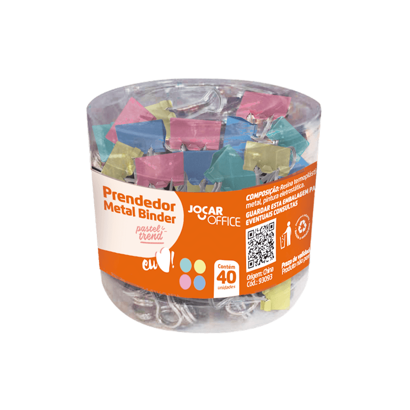 Prendedor Metal Binder 19mm Jocar Office Colorido com 40 unidades